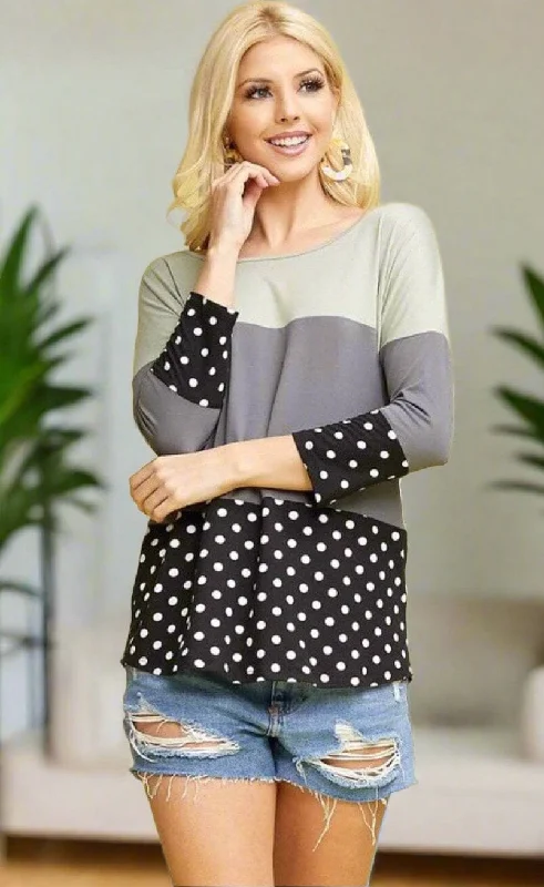 Womens Color Block Striped Shirt, Black White Dot Top, Sizes 1xl/2xl/3xl, Green/Gray/Black