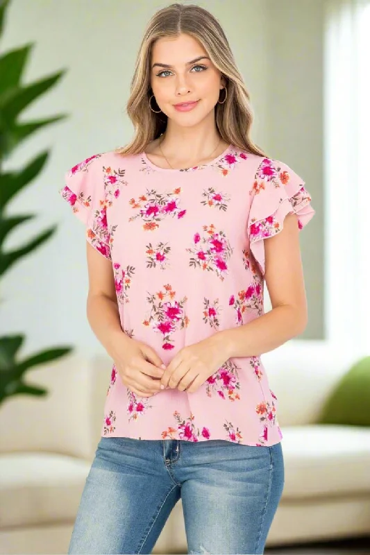 Womens Pink Floral Top, Flutter Cap Sleeve Shirt, Flowered Blouse, Sizes S/M/L/XL, Pink