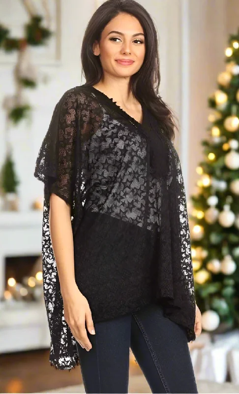 Womens Star Print Lace Shirt, Christmas Black Kimono, Holiday Kimono, Pull Over Top