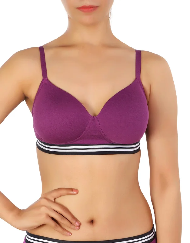 LOSHA LIGHTLY PADDED NON WIRED TSHIRT BRA WITH STRIPED ELASTIC WAIST BAND-PURPLE