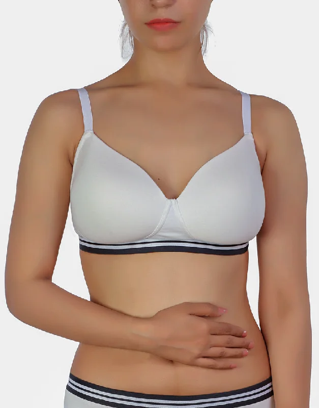 LOSHA LIGHTLY PADDED NON WIRED TSHIRT BRA WITH STRIPED ELASTIC WAIST BAND-WHITE