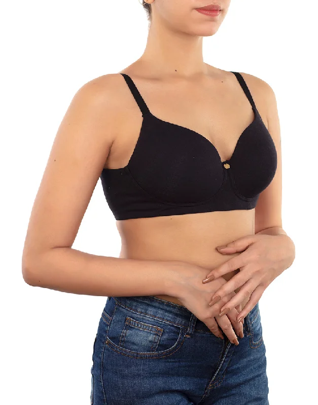 LOSHA SIDE SMOOTHING BIO WASHED ANTI BACTERIAL COTTON WIRELESS T-SHIRT BRA-BLACK