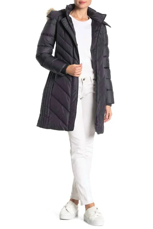 Mid Length Faux Fur Hooded Puffer Jacket In Gray